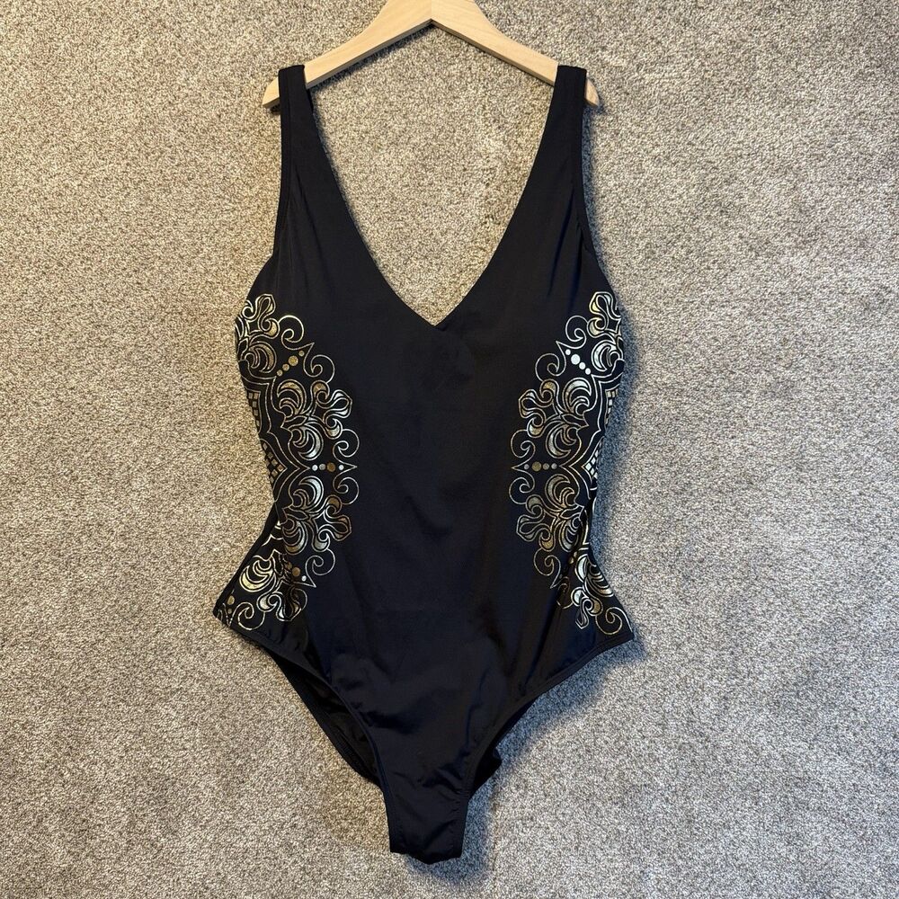 Black V-Neck Tummy Control One-Piece XXL Black Gold Removable Pads